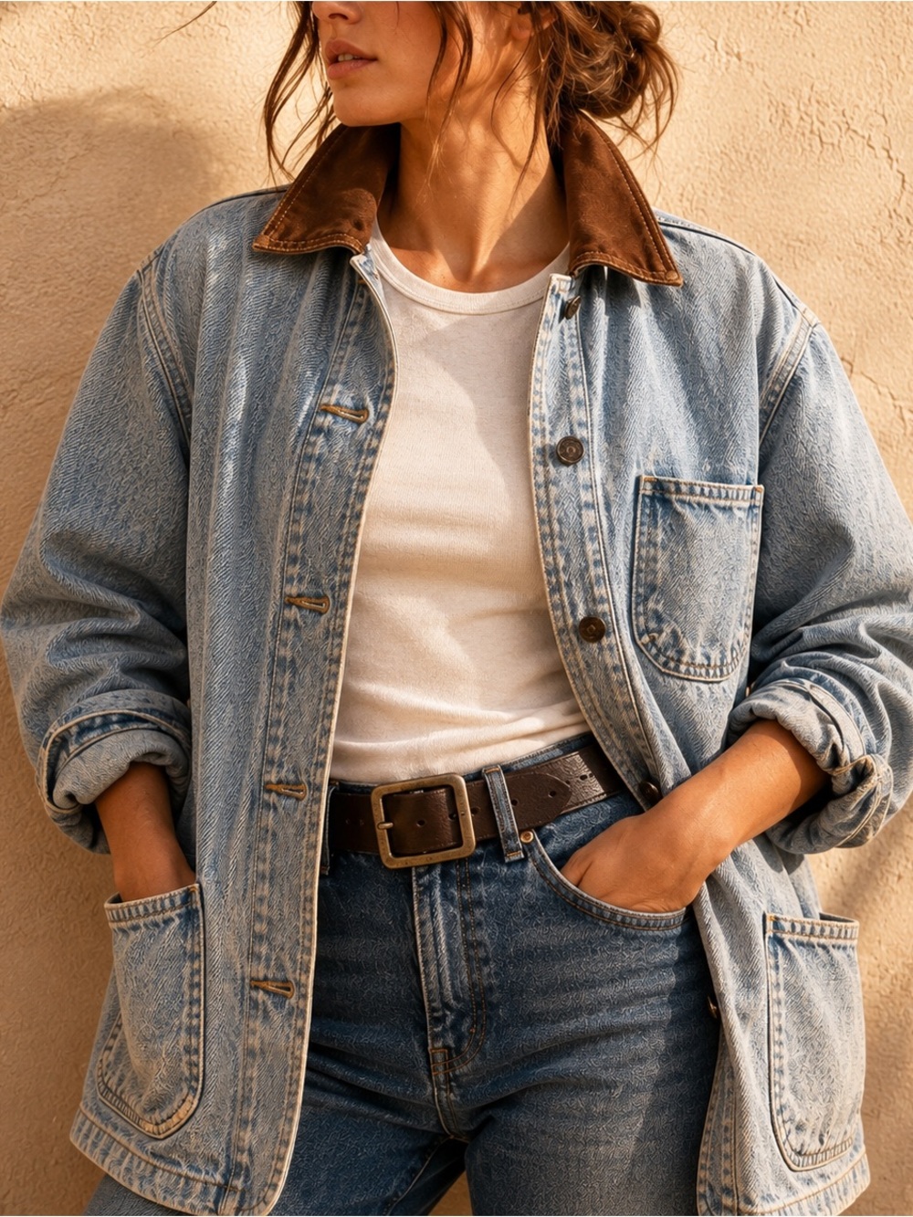 Vintage Sun Belt Denim Chore Jacket Brown Collar Barn Coat Workwear